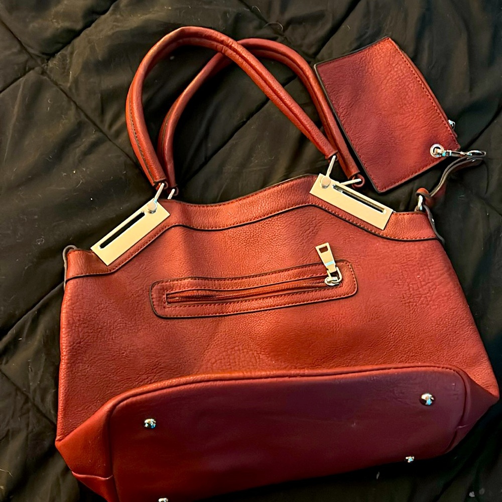 Black Rivet light use 11”x12”x7” burgundy hand bag with coin purse Faux Leather